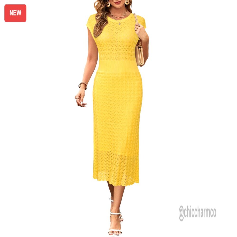 Summer Midi Dress Cap Sleeve Hollow Knit Business Casual Work Office